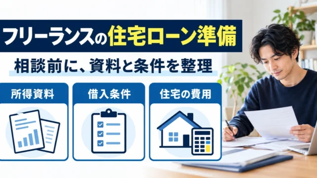 フリーランスの住宅ローン相談に向けて所得資料、借入条件、住宅の費用を整理する図