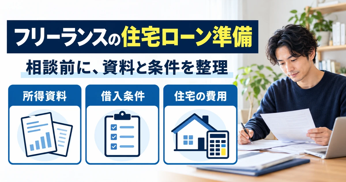 フリーランスの住宅ローン相談に向けて所得資料、借入条件、住宅の費用を整理する図
