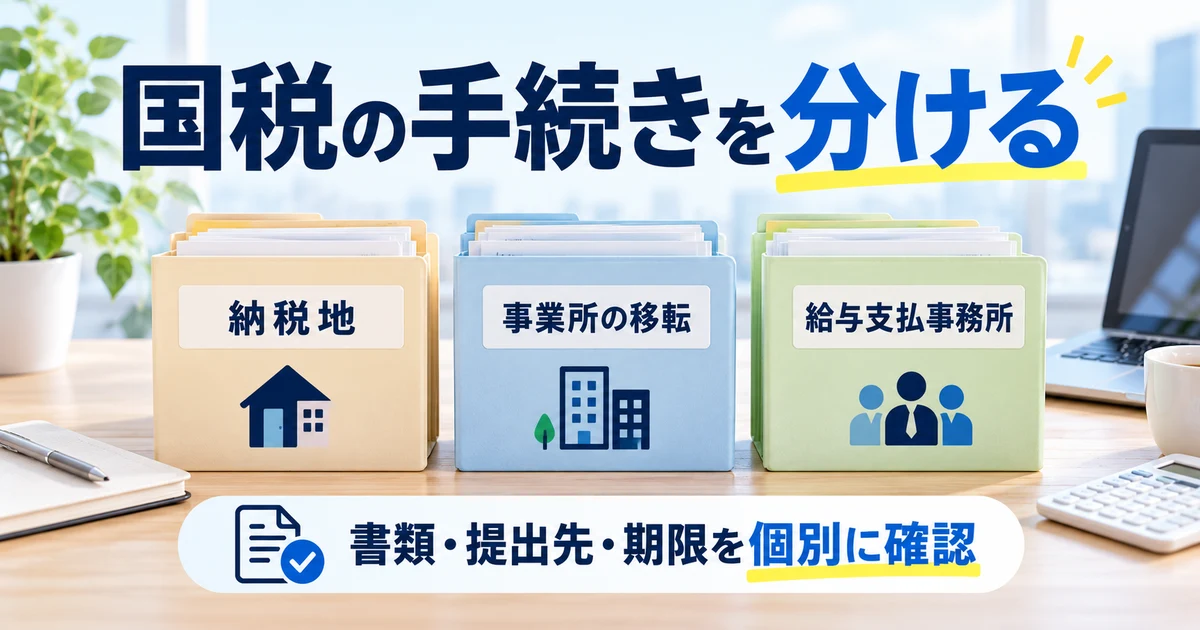 納税地、事業所の移転、給与支払事務所を分け、書類と提出先と期限を確認する
