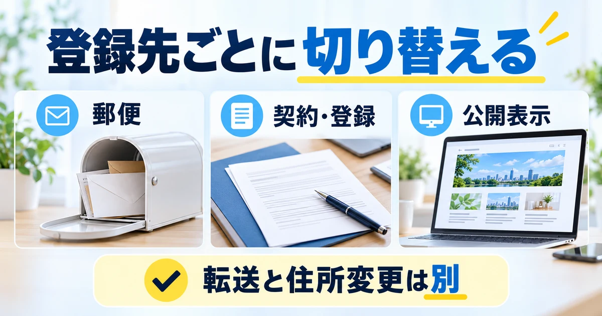 郵便、契約と登録、公開表示を分けて切り替え、転送と住所変更を区別する