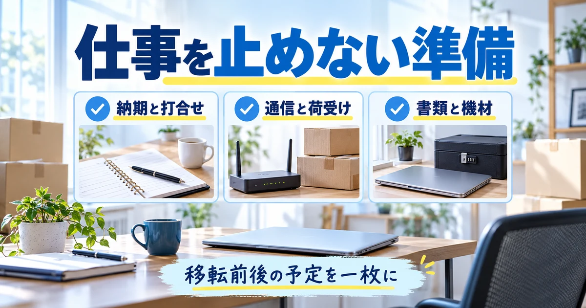 納期と打合せ、通信と荷受け、書類と機材を移転前後の予定にまとめる