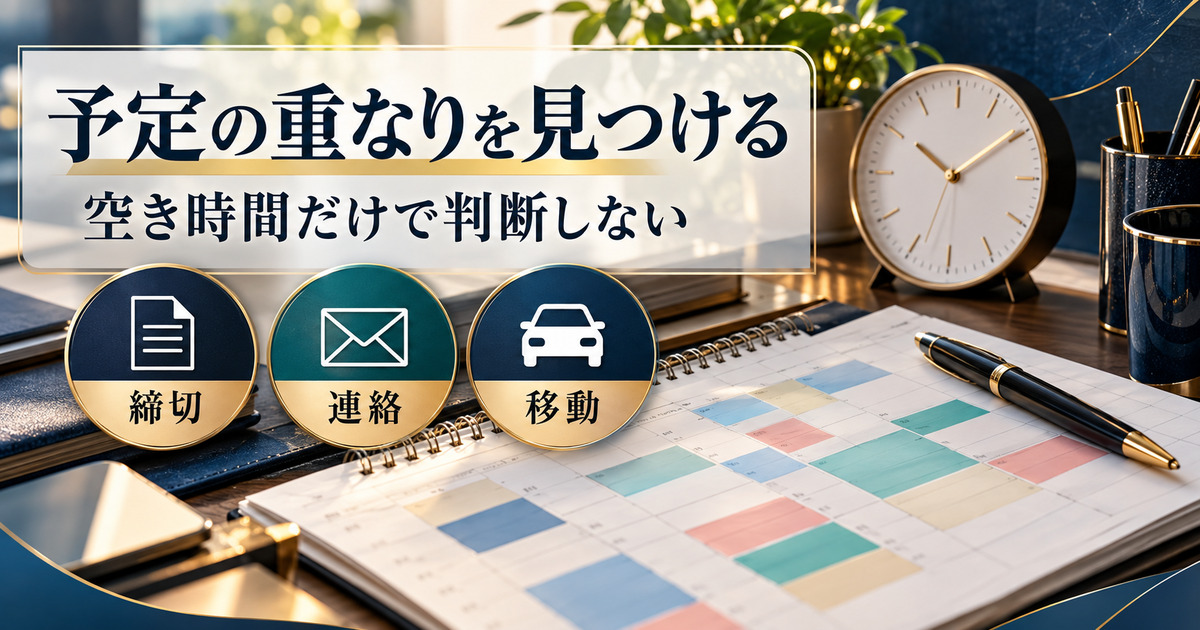 予定の重なりを見つける。空き時間だけで判断しない。締切・連絡・移動の確認ポイント。