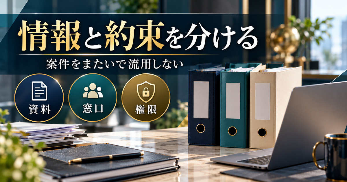 情報と約束を分ける。案件をまたいで流用しない。資料・窓口・権限の確認ポイント。