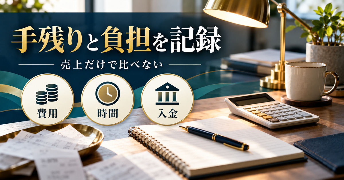 手残りと負担を記録。売上だけで比べない。費用・時間・入金の確認ポイント。