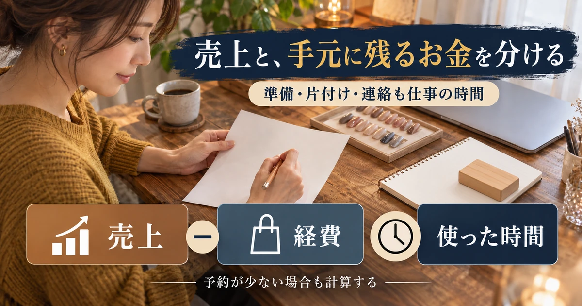 ネイルの副業で売上から経費を分け、準備や片付けを含む時間を確認する生成イメージ