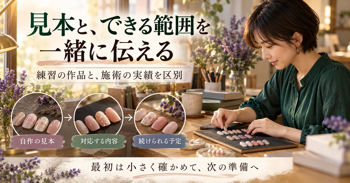 自作のネイルチップ見本と対応範囲を整理し、無理のない予定から副業を検討する生成イメージ