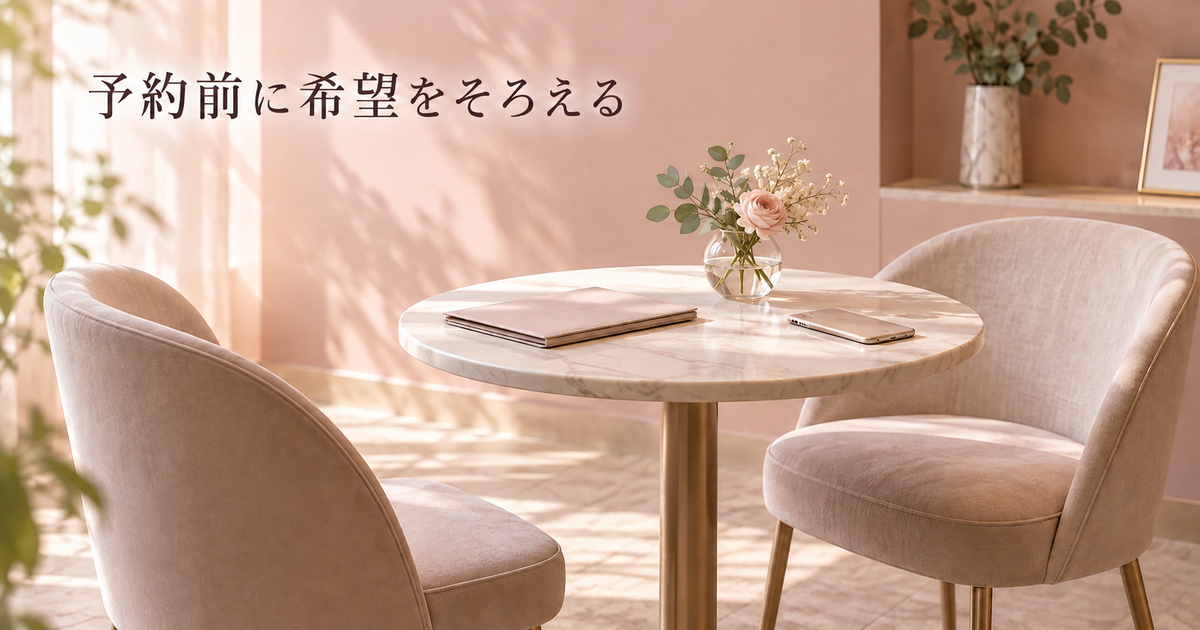 既存ネイルや希望を相談する予約前確認を表す架空の対面席