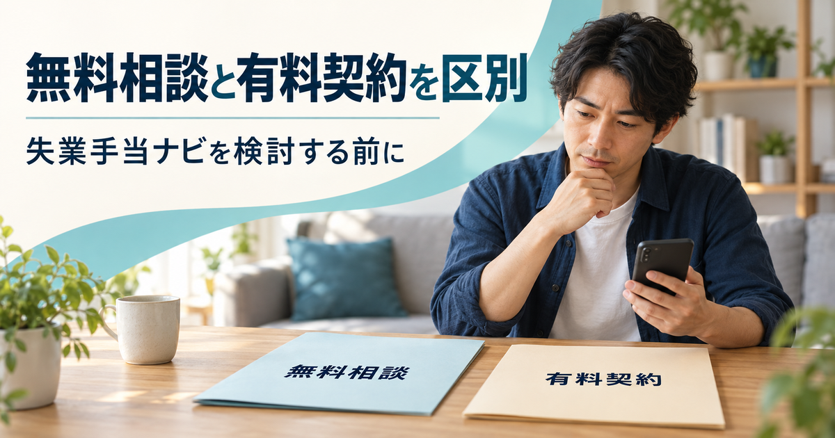 失業手当ナビを検討する際に無料相談と有料契約を区別する図解