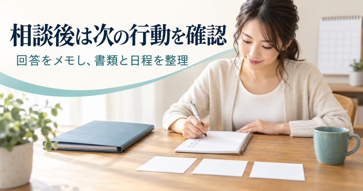 相談後の回答、必要書類、日程をメモで整理するイメージ