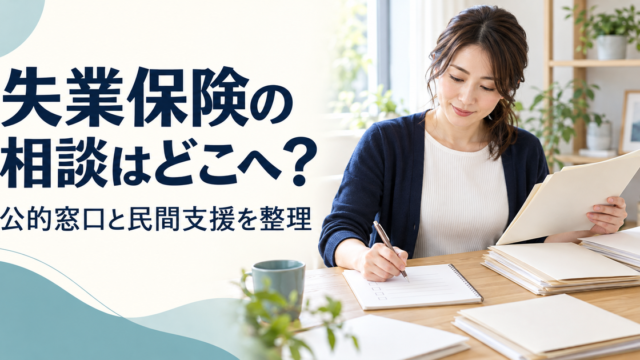 失業保険の相談先を調べながら書類を整理する人物と、公的窓口・民間支援を整理する案内