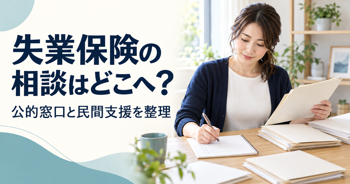 失業保険の相談先を調べながら書類を整理する人物と、公的窓口・民間支援を整理する案内