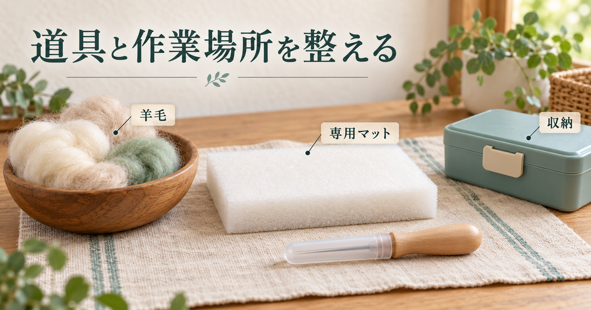 羊毛と専用マットと収納を整えた作業台