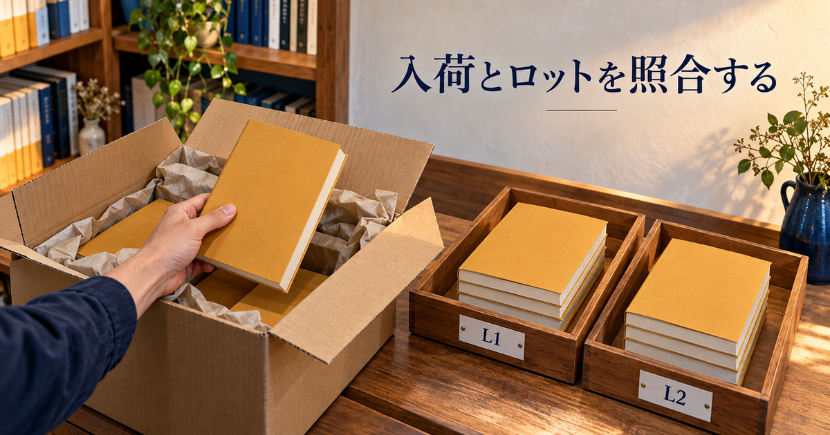 入荷した新刊を仕入れロット別の置き場と照合する架空の受入れ場面