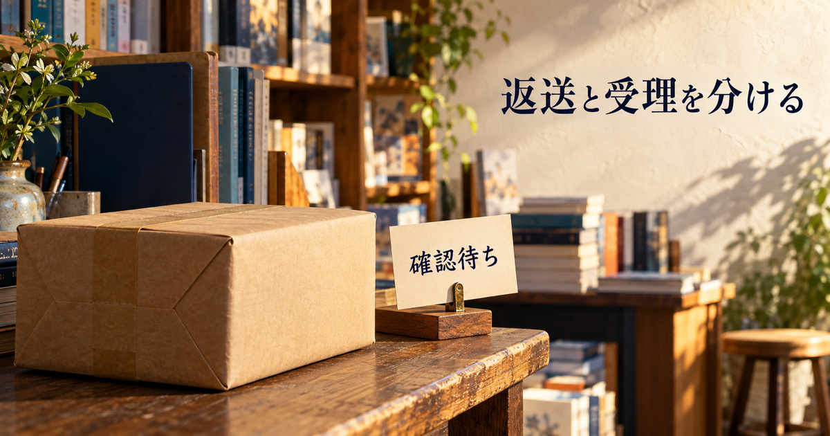返送の記録を確認待ちとして残す架空の書店の梱包場面