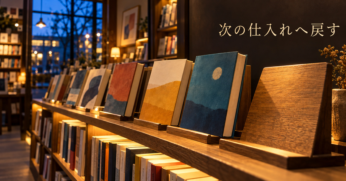 棚の残りと次に紹介する本を考える架空の新刊書店の夕方の売場