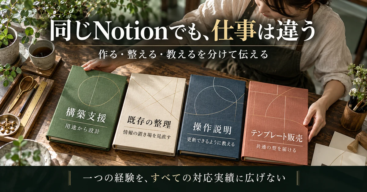Notionの構築支援、既存整理、操作説明、テンプレート販売を比較する生成画像