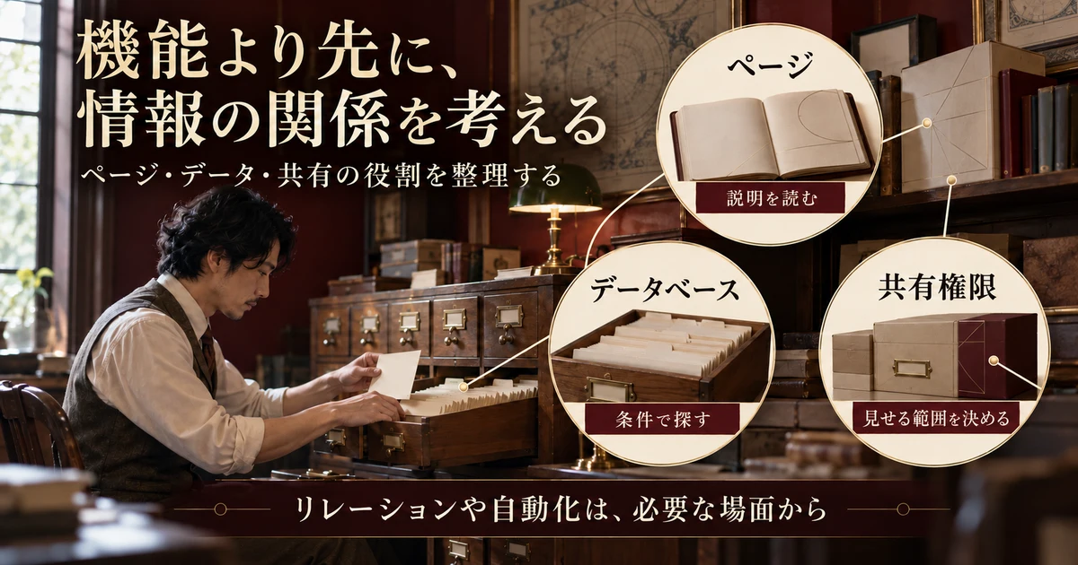 ページ、データベース、共有権限の役割を紙の資料で示す生成画像