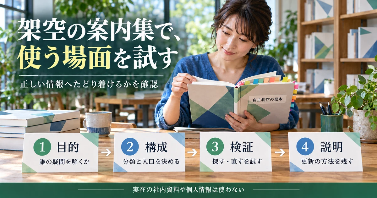 架空の案内集で目的、構成、検証、説明を確かめる4段階の生成画像