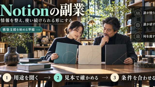 Notion副業で情報の用途、見本、担当条件を整理する説明用生成画像