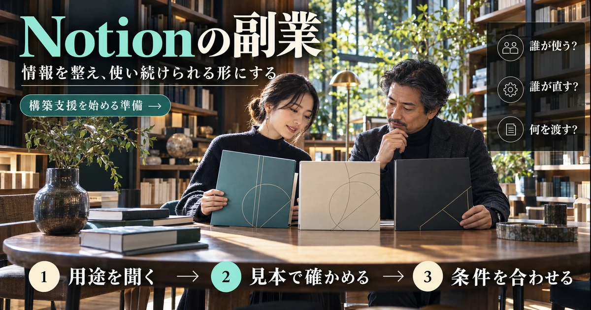 Notion副業で情報の用途、見本、担当条件を整理する説明用生成画像