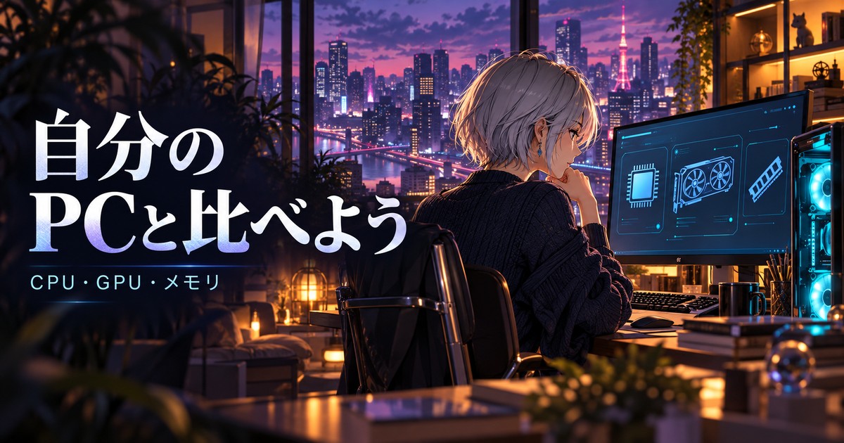 CPU・GPU・メモリの比較を表す、室内のPCと女性の解説イメージ