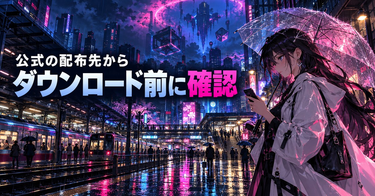ダウンロード前の準備を表す、雨の駅前と女性の解説イメージ