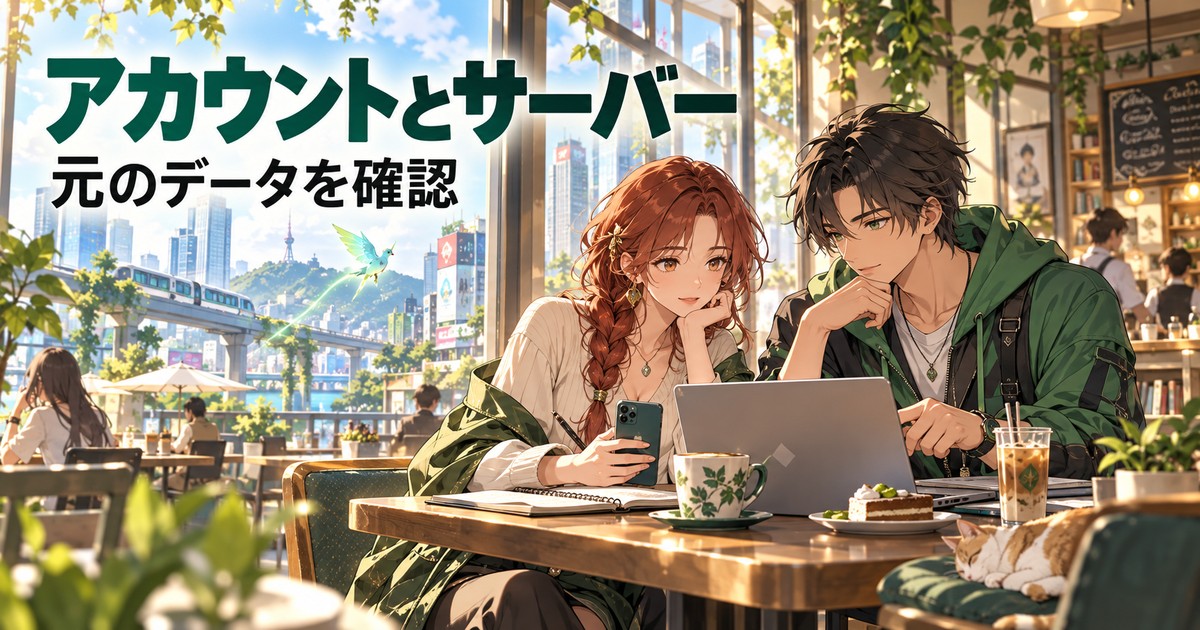 アカウントとサーバーの確認を表す、カフェと端末の解説イメージ
