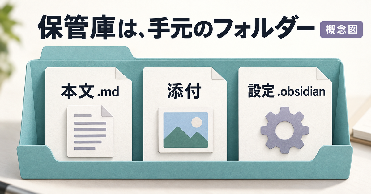 保管庫フォルダーに本文、添付、保管庫固有の設定を保存する概念図