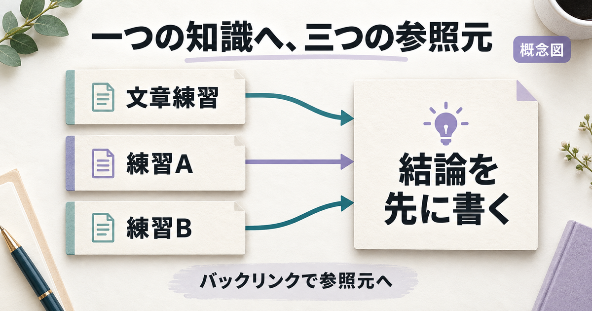 文章練習、練習A、練習Bから結論を先に書くノートへ張った3本のリンクを示す概念図