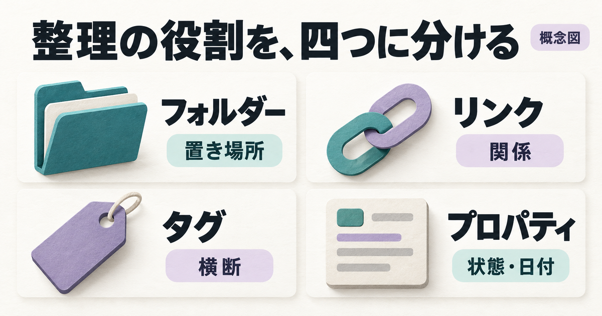 フォルダー、リンク、タグ、プロパティに異なる整理の役割を持たせる概念図
