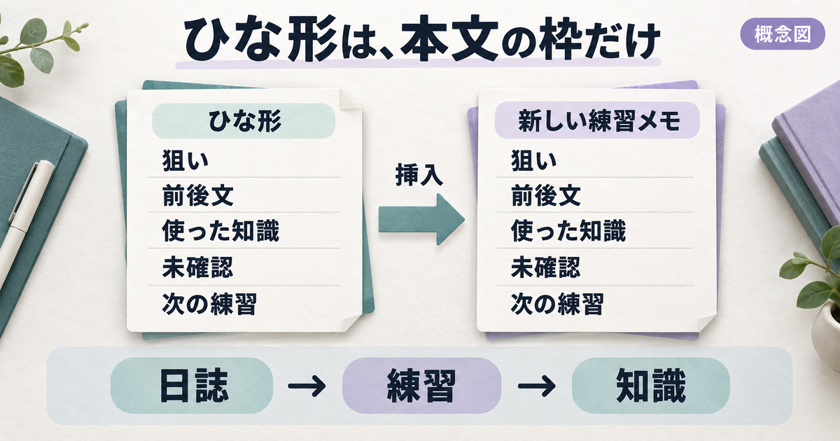 本文だけのひな形を新しい練習メモへ挿入し、日誌から練習と知識をたどる概念図