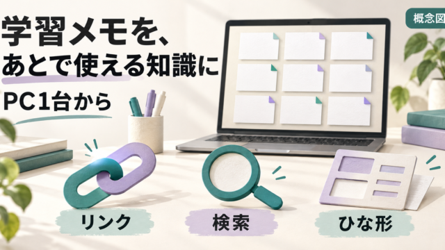 PC内の学習メモをリンク、検索、ひな形で整理する流れの概念図