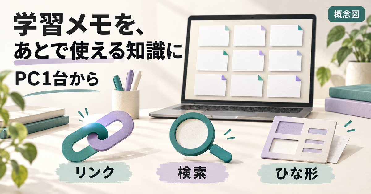 PC内の学習メモをリンク、検索、ひな形で整理する流れの概念図