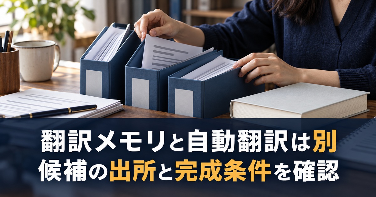 翻訳の参考資料を役割ごとに整理する写真調の概念イメージ。「翻訳メモリと自動翻訳は別/候補の出所と完成条件を確認」の説明文字付き