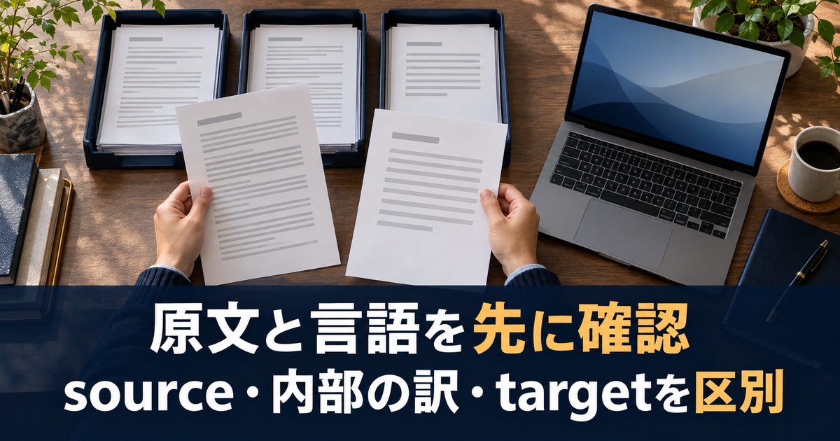 原文資料と出力資料を分けて確認する写真調の概念イメージ。「原文と言語を先に確認/source・内部の訳・targetを区別」の説明文字付き