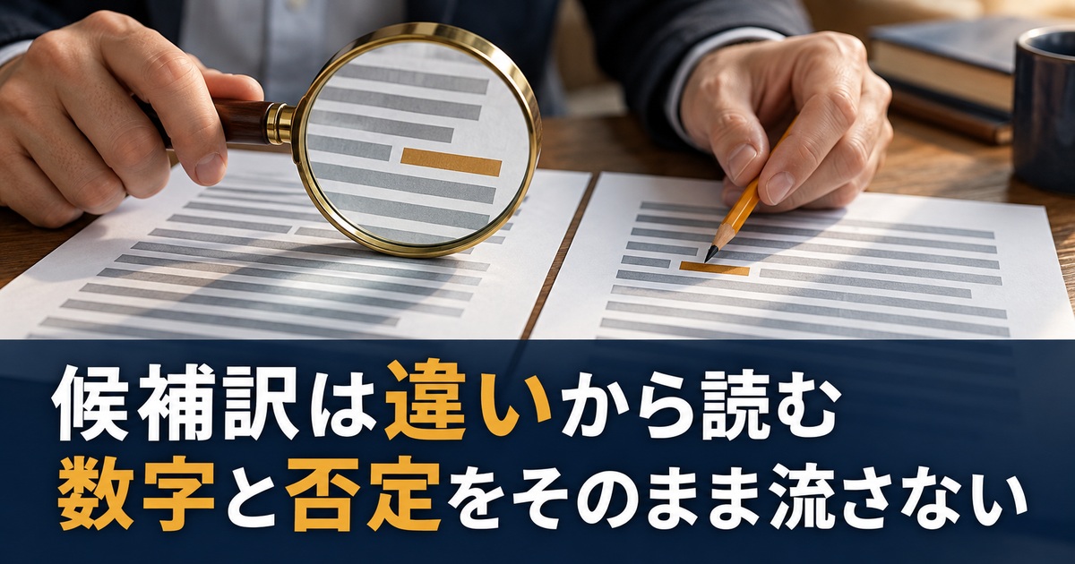 似た文章の差分を点検する写真調の概念イメージ。「候補訳は違いから読む/数字と否定をそのまま流さない」の説明文字付き