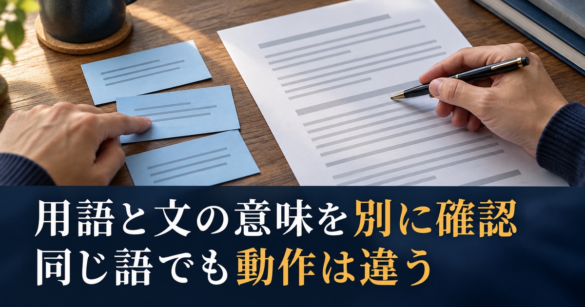用語メモと文全体を対照する写真調の概念イメージ。「用語と文の意味を別に確認/同じ語でも動作は違う」の説明文字付き