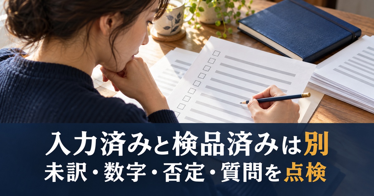 複数の確認事項を一覧で点検する写真調の概念イメージ。「入力済みと検品済みは別/未訳・数字・否定・質問を点検」の説明文字付き