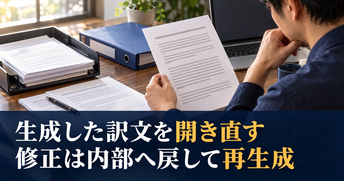 出力ファイルと作業資料を区別する写真調の概念イメージ。「生成した訳文を開き直す/修正は内部へ戻して再生成」の説明文字付き