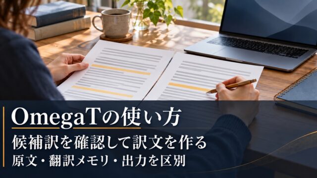 原文と訳文の資料を対照する写真調の概念イメージ。「OmegaTの使い方／候補訳を確認して訳文を作る／原文・翻訳メモリ・出力を区別」の説明文字付き