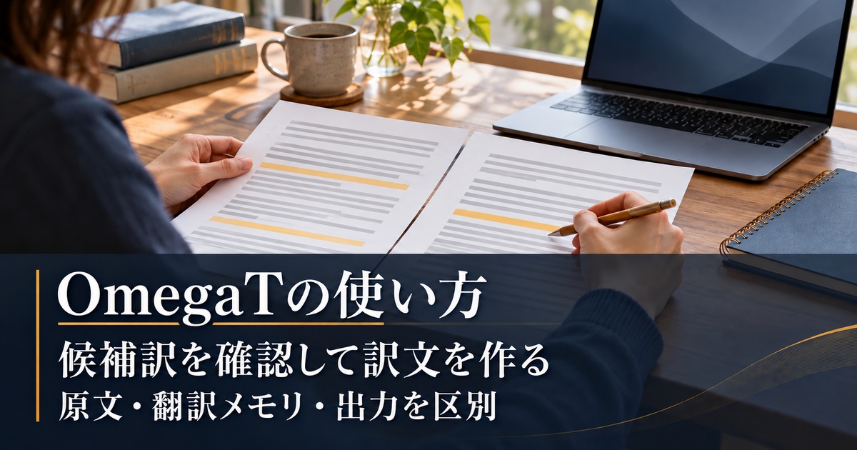 原文と訳文の資料を対照する写真調の概念イメージ。「OmegaTの使い方／候補訳を確認して訳文を作る／原文・翻訳メモリ・出力を区別」の説明文字付き
