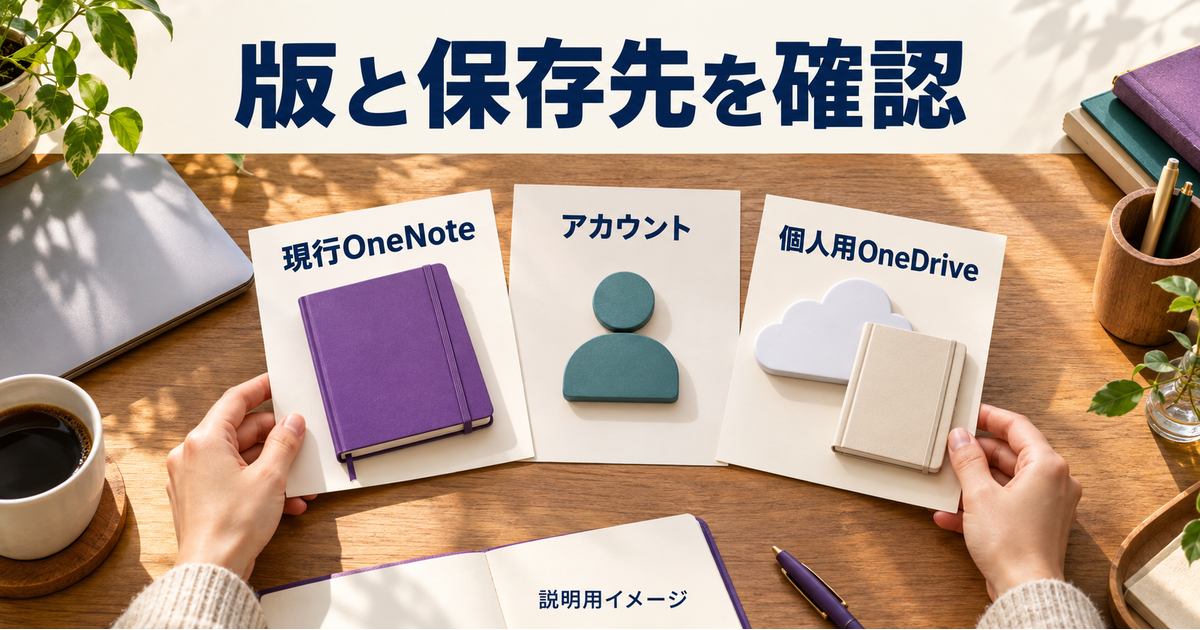 現行OneNote、アカウント、個人用OneDriveを別々に確認する概念図