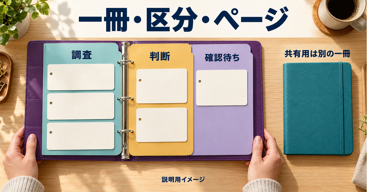 調査3ページ、判断2ページ、確認待ち1ページと別の共有用ノートを示す概念図