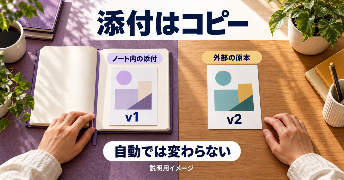 ノート内の添付v1と外部原本v2は自動連動しないことを示す概念図