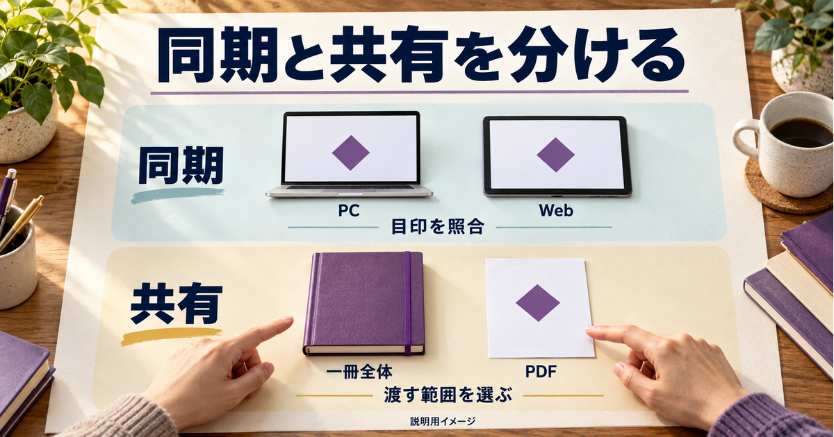 PCとWebの目印照合と、一冊全体またはPDFの受け渡しを分けた概念図