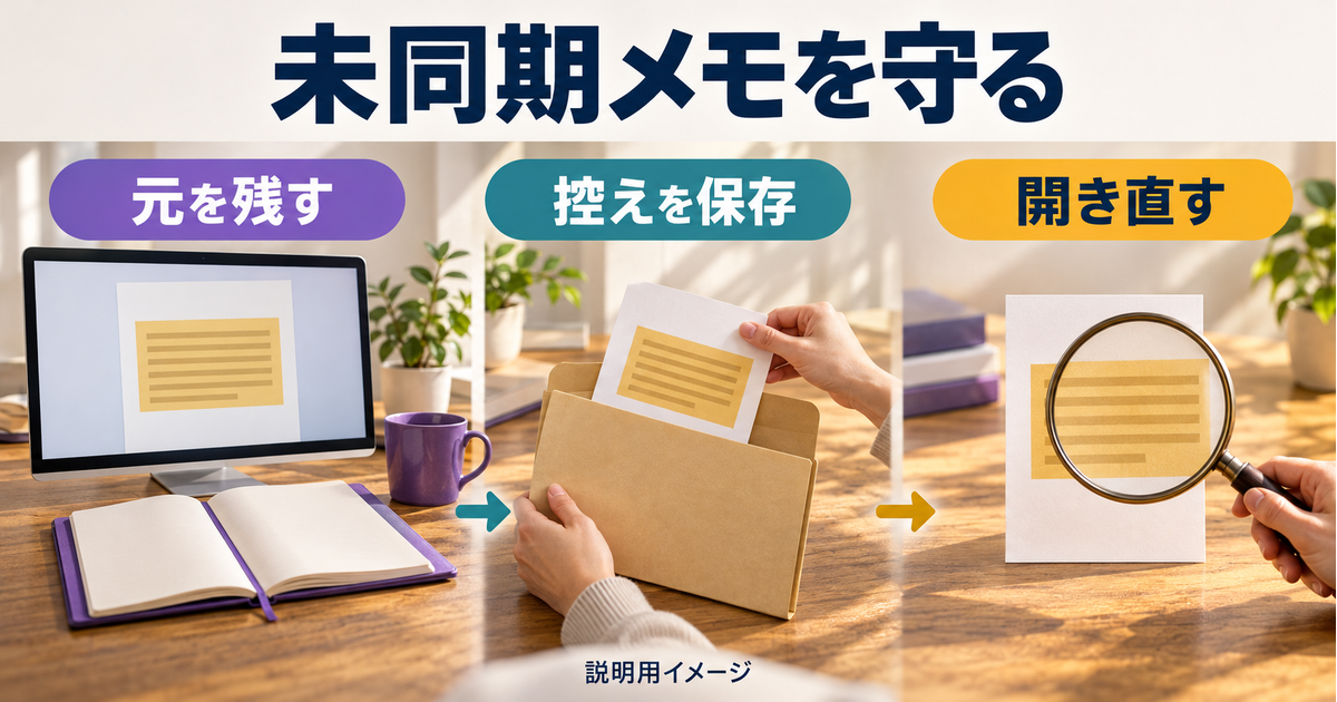 元のノートを残し、未同期メモの控えを保存して開き直す概念図
