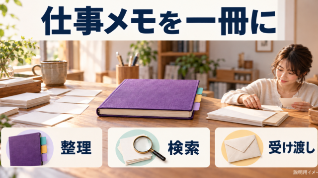 紫のノートを中心に仕事メモの整理・検索・受け渡しを示すイメージ