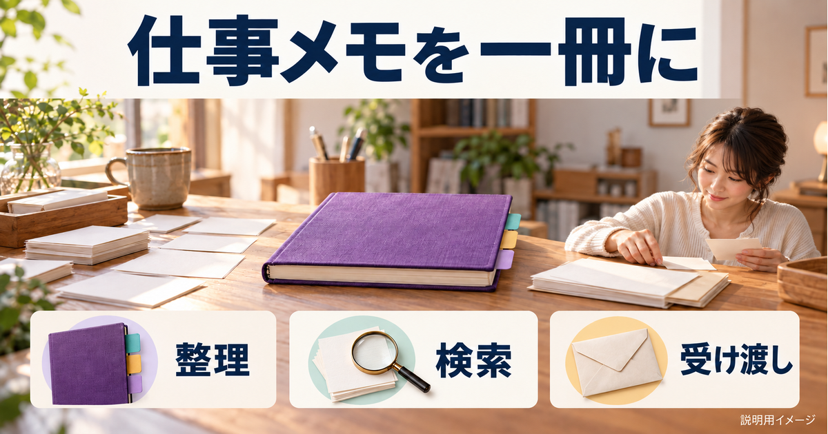 紫のノートを中心に仕事メモの整理・検索・受け渡しを示すイメージ