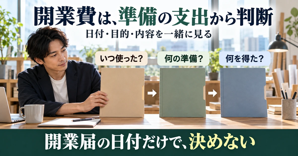日付・目的・内容から事業開始前の開業費を確認する説明用生成画像