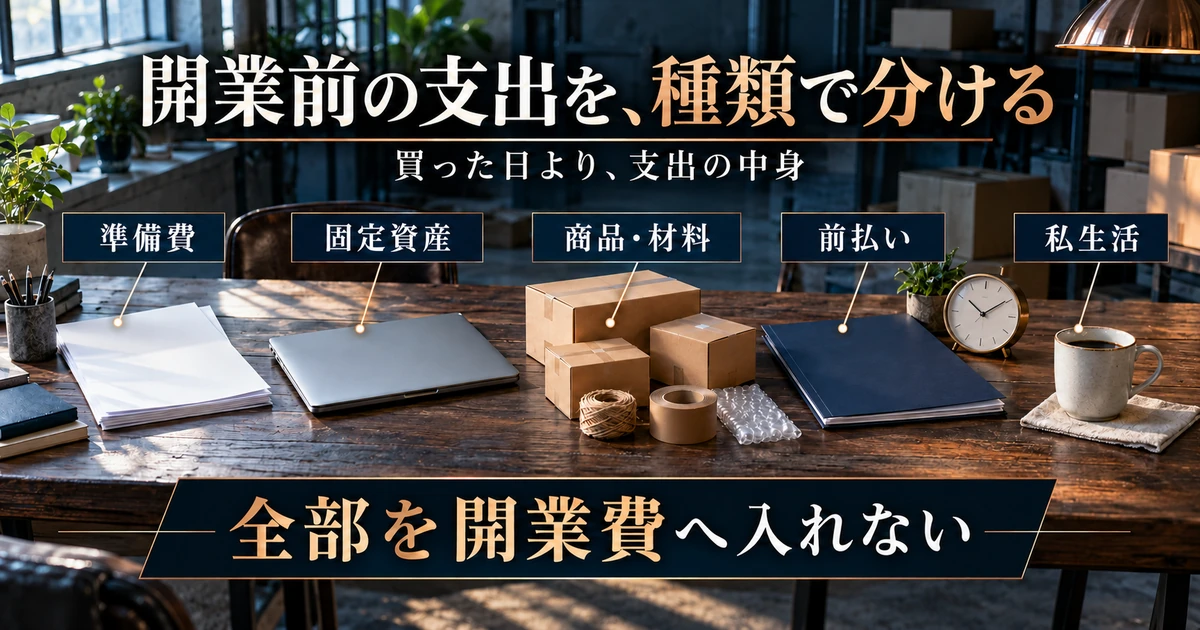 開業前支出を準備費・固定資産・商品材料・前払い・私生活に分ける説明用生成画像